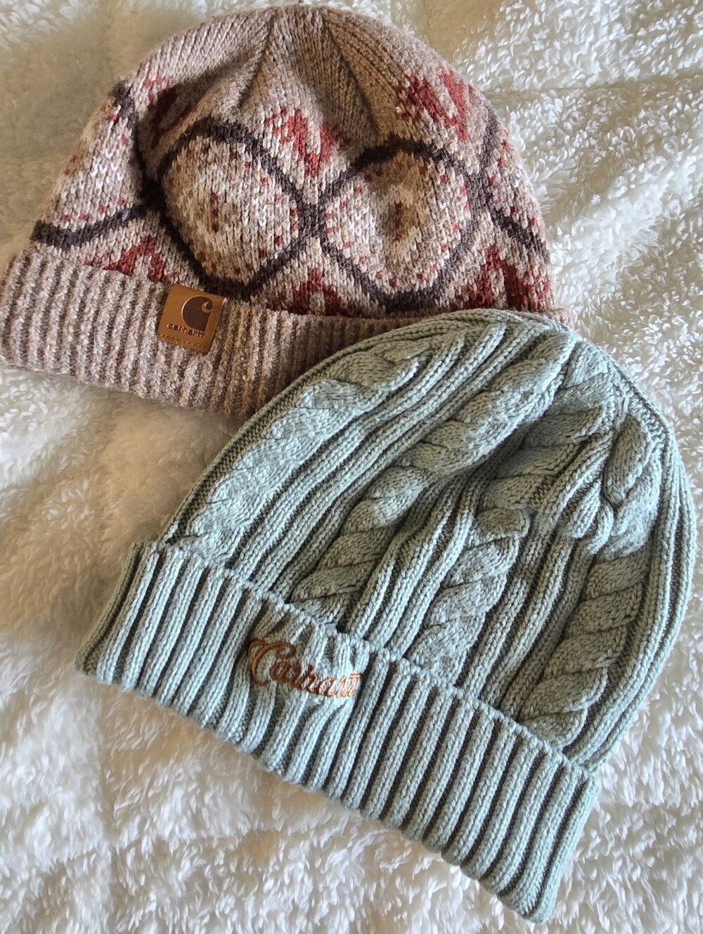 Carhartt Cable Knit Beanie Set - Mint Green & Tan Pattern